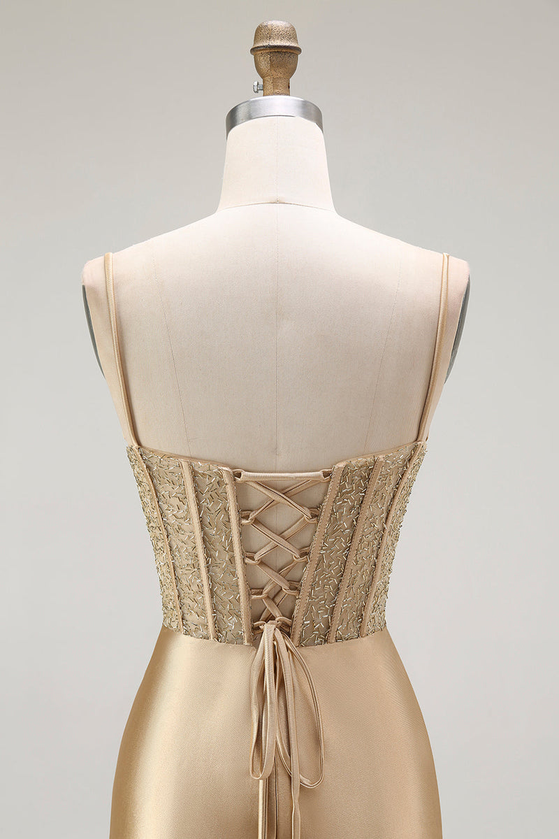 Load image into Gallery viewer, Sparkly Gold Mermaid Satin Long Corset Prom Dress with Slit