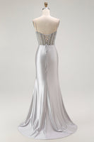 Load image into Gallery viewer, Sparkly Red Ruched Satin Long Corset Prom Dress with Slit