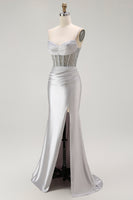 Load image into Gallery viewer, Sparkly Gold Mermaid Satin Long Corset Prom Dress with Slit
