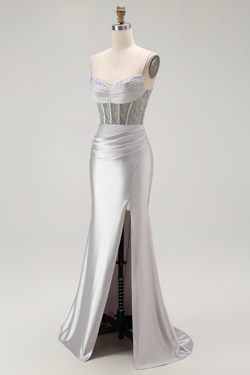 Load image into Gallery viewer, Sparkly Grey Satin Mermaid Maxi Corset Prom Dress with Slit