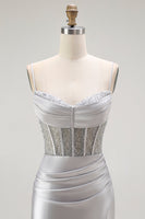 Load image into Gallery viewer, Sparkly Navy Satin Maxi Mermaid Corset Prom Dress with Beading