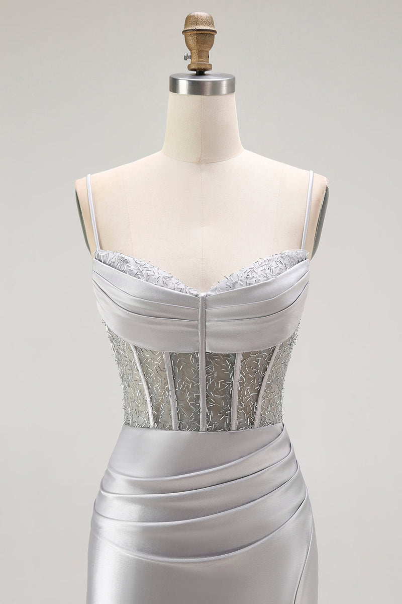 Load image into Gallery viewer, Sparkly Grey Satin Mermaid Maxi Corset Prom Dress with Slit