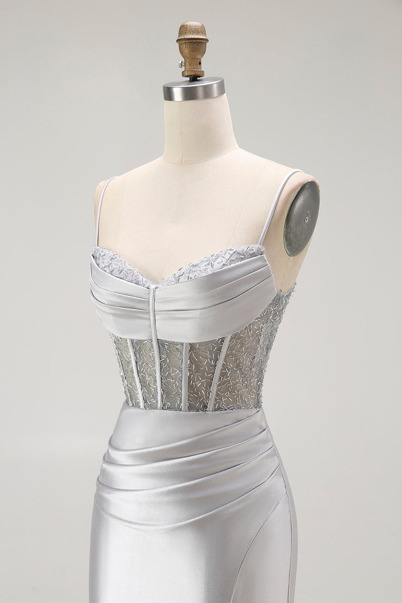 Load image into Gallery viewer, Sparkly Navy Satin Maxi Mermaid Corset Prom Dress with Beading