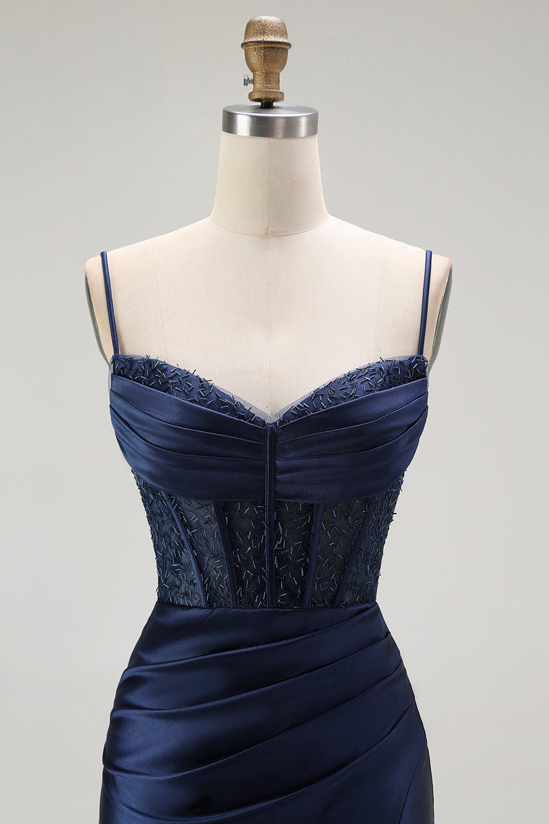 Load image into Gallery viewer, Sparkly Navy Satin Maxi Mermaid Corset Prom Dress with Beading
