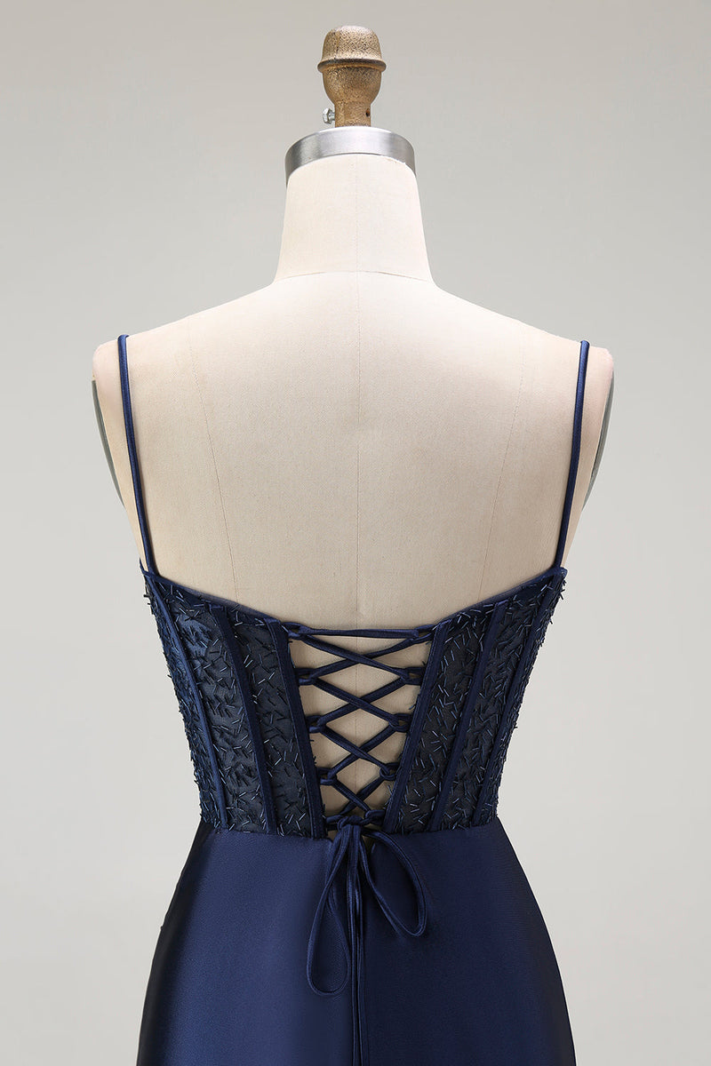 Load image into Gallery viewer, Sparkly Navy Satin Maxi Mermaid Corset Prom Dress with Beading