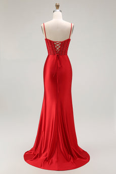 Sparkly Red Ruched Satin Long Corset Prom Dress with Slit