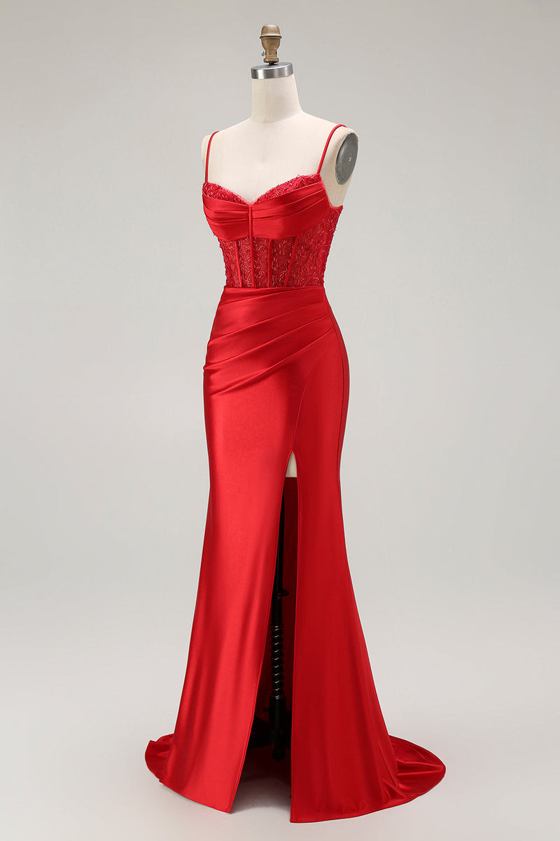 Queendancer Women Sparkly Red Corset Long Prom Dress with Slit Ruched