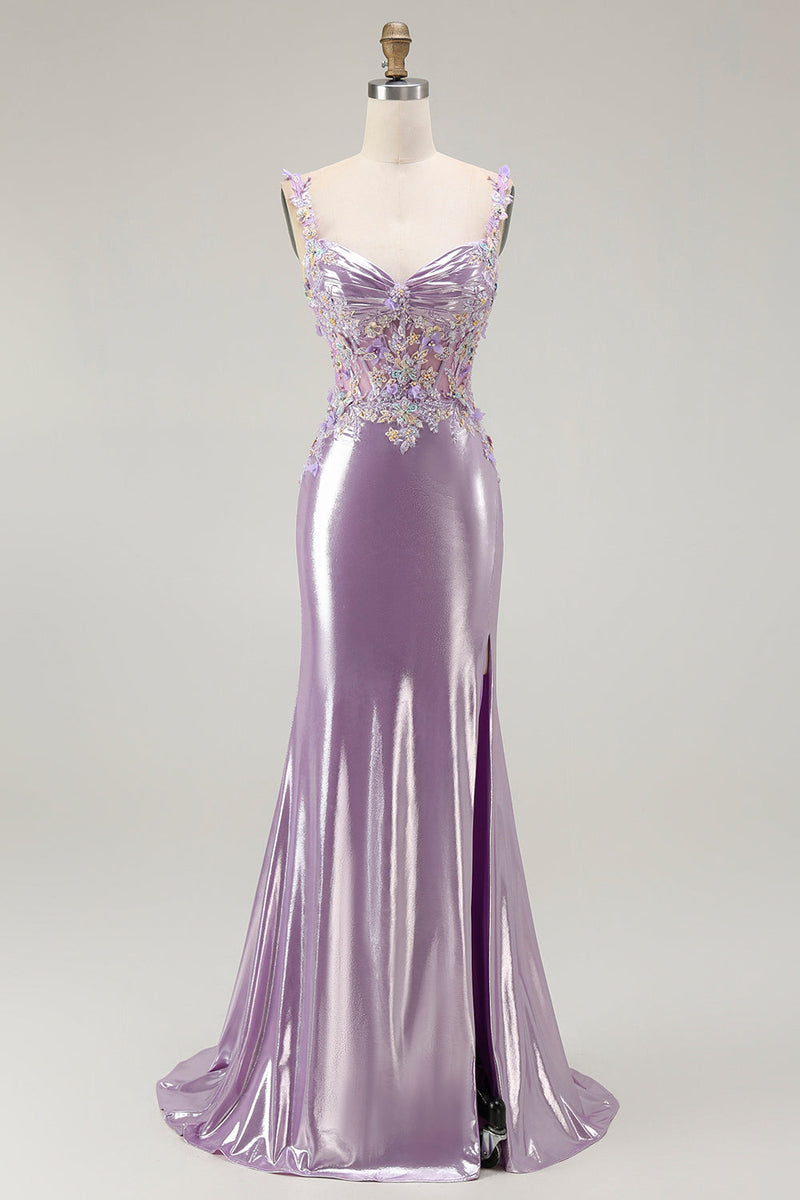 Load image into Gallery viewer, Sparkly Lilac Floral Mermaid Maxi Prom Dress with Slit