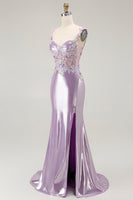 Load image into Gallery viewer, Sparkly Lilac Floral Mermaid Maxi Prom Dress with Slit