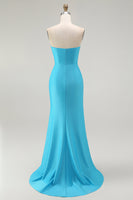 Load image into Gallery viewer, Sparkly Blue Mermaid Satin Ruched Long Prom Dress with Slit