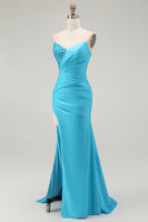 Load image into Gallery viewer, Sparkly Blue Mermaid Satin Ruched Long Prom Dress with Slit