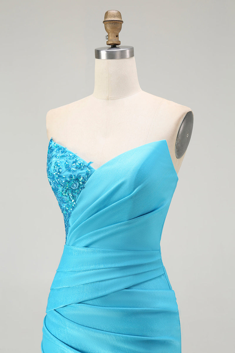 Load image into Gallery viewer, Sparkly Blue Mermaid Satin Ruched Long Prom Dress with Slit