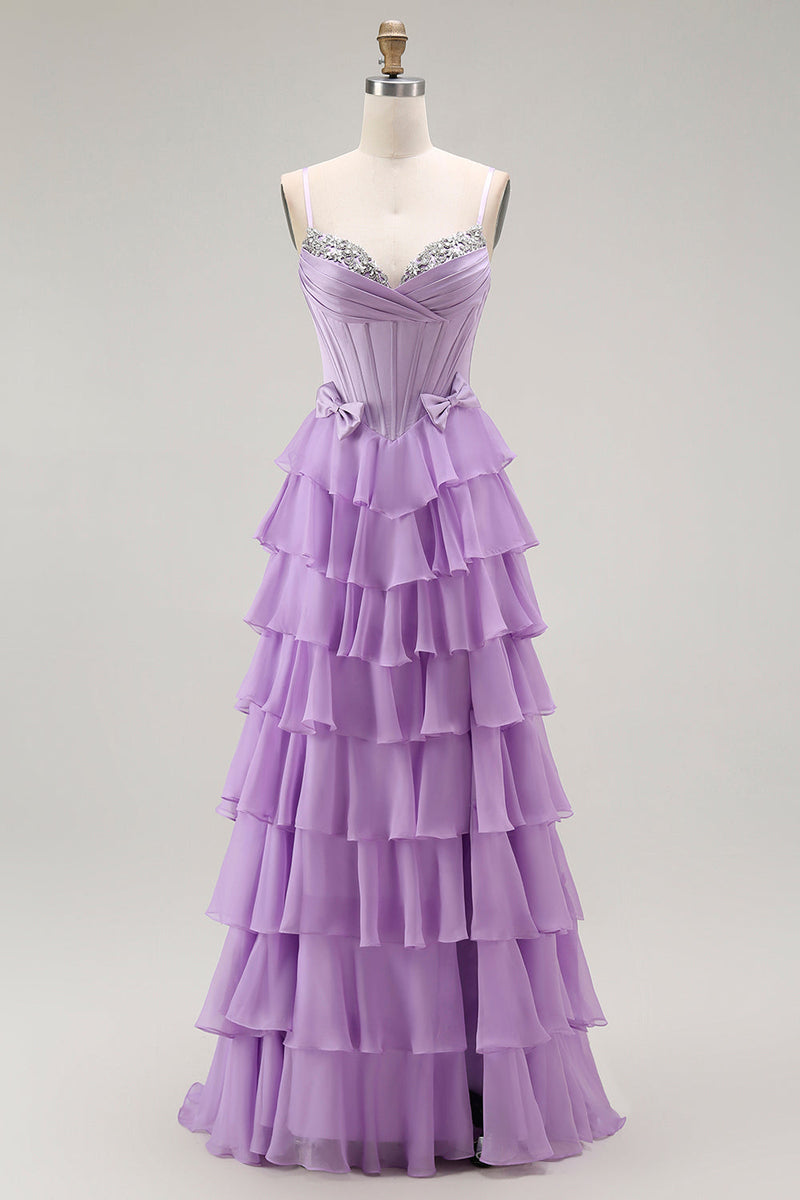 Load image into Gallery viewer, Purple Chiffon Tiered A Line Long Corset Prom Dress with Bows
