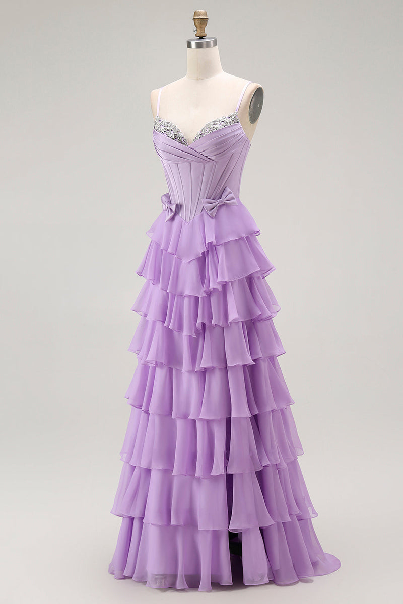Load image into Gallery viewer, Purple Chiffon Tiered A Line Long Corset Prom Dress with Bows