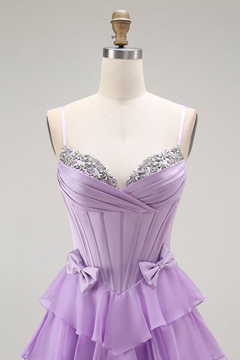 Load image into Gallery viewer, Purple Chiffon Tiered A Line Long Corset Prom Dress with Bows