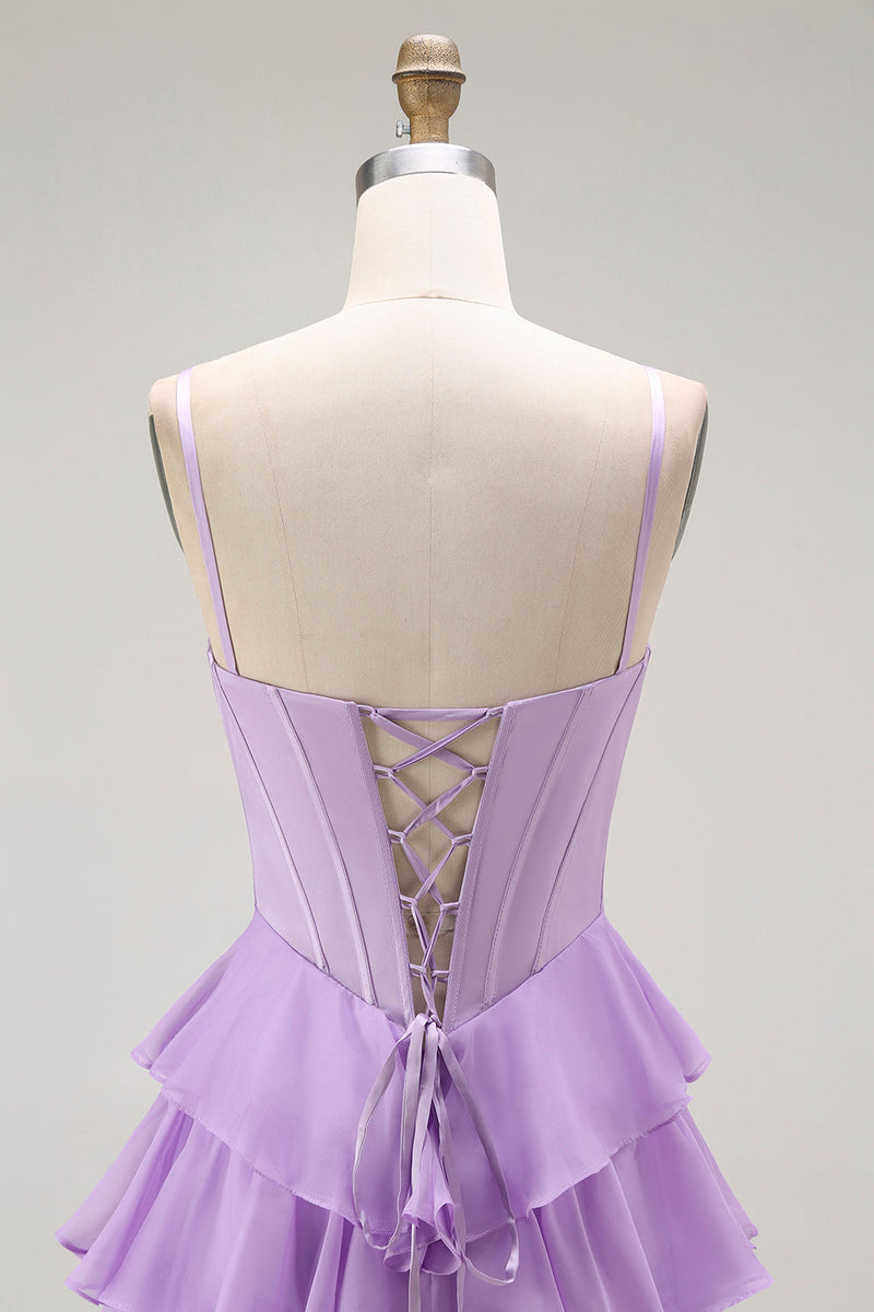 Load image into Gallery viewer, Purple Chiffon Tiered A Line Long Corset Prom Dress with Bows
