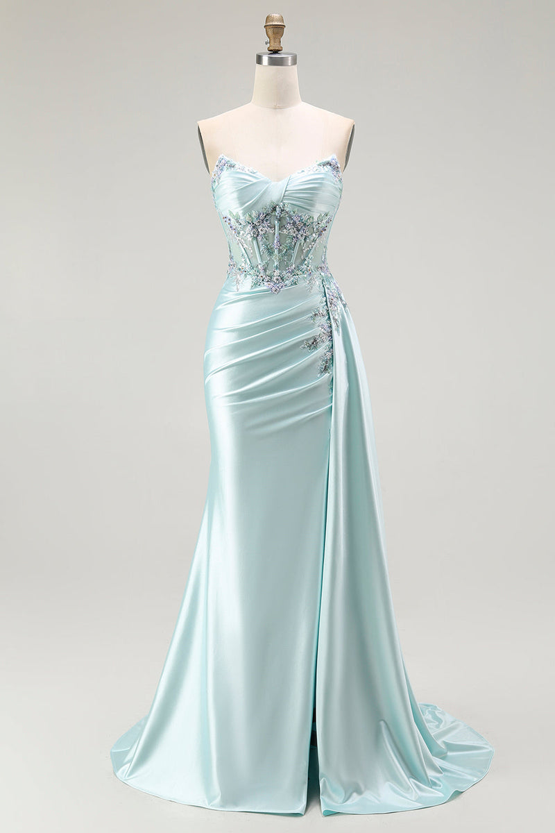 Load image into Gallery viewer, Sparkly Floral Light Green Maxi Corset Prom Dress with Slit