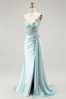 Load image into Gallery viewer, Sparkly Floral Light Green Maxi Corset Prom Dress with Slit