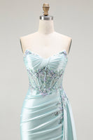 Load image into Gallery viewer, Sparkly Floral Light Green Maxi Corset Prom Dress with Slit