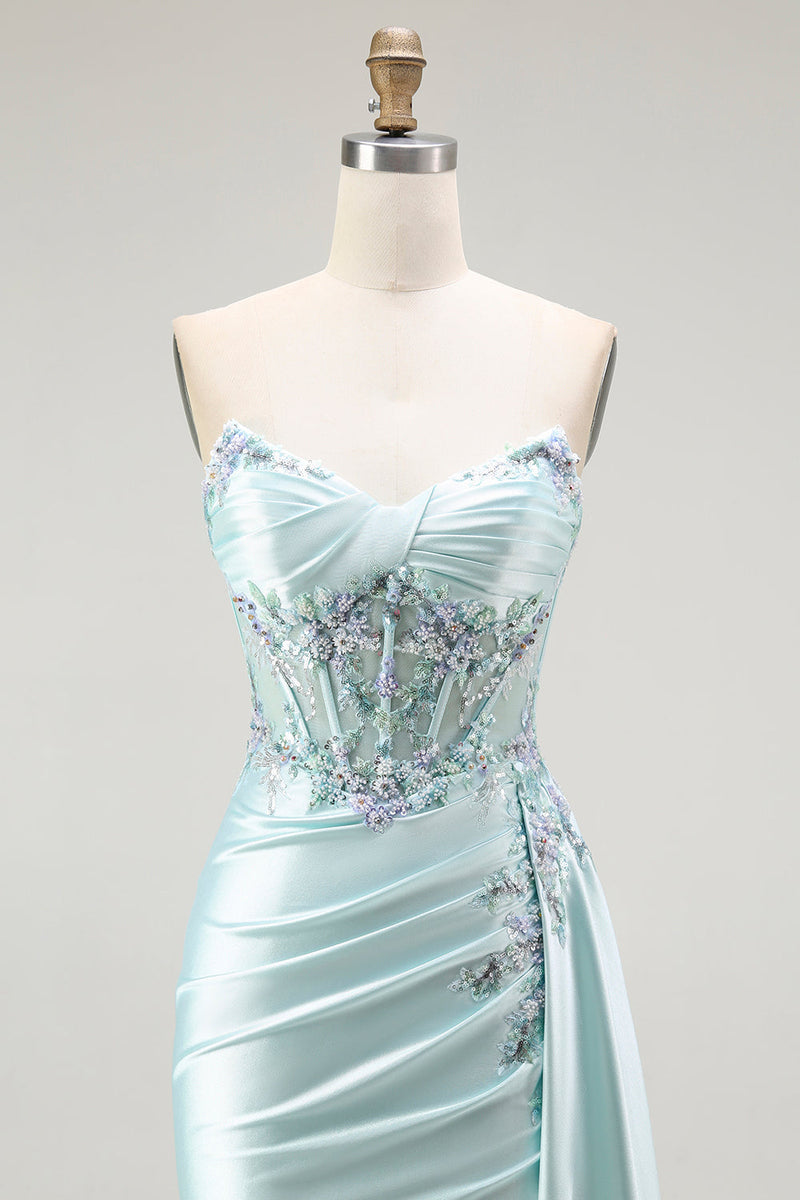 Load image into Gallery viewer, Sparkly Floral Light Green Maxi Corset Prom Dress with Slit
