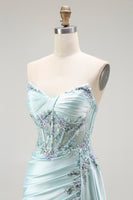 Load image into Gallery viewer, Sparkly Floral Light Green Maxi Corset Prom Dress with Slit