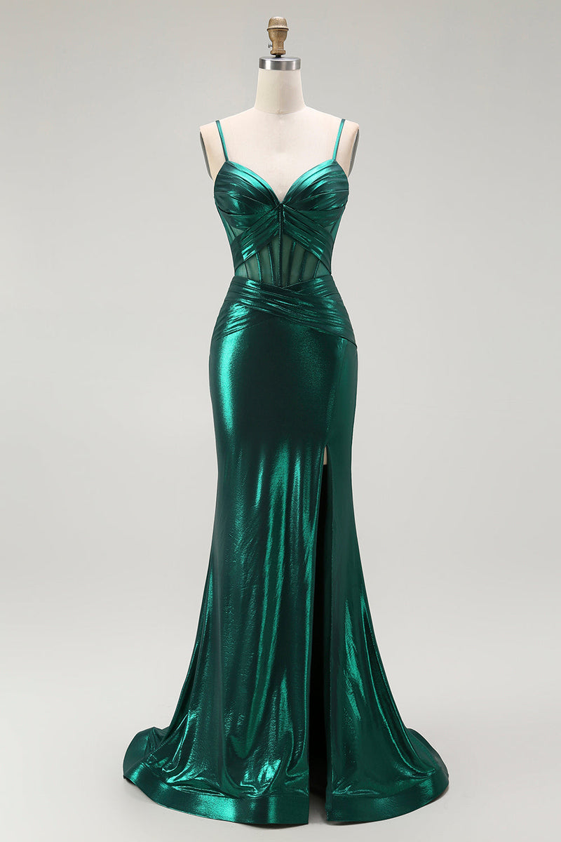 Load image into Gallery viewer, Dark Green Metallic Mermaid Long Corset Prom Dress with Slit