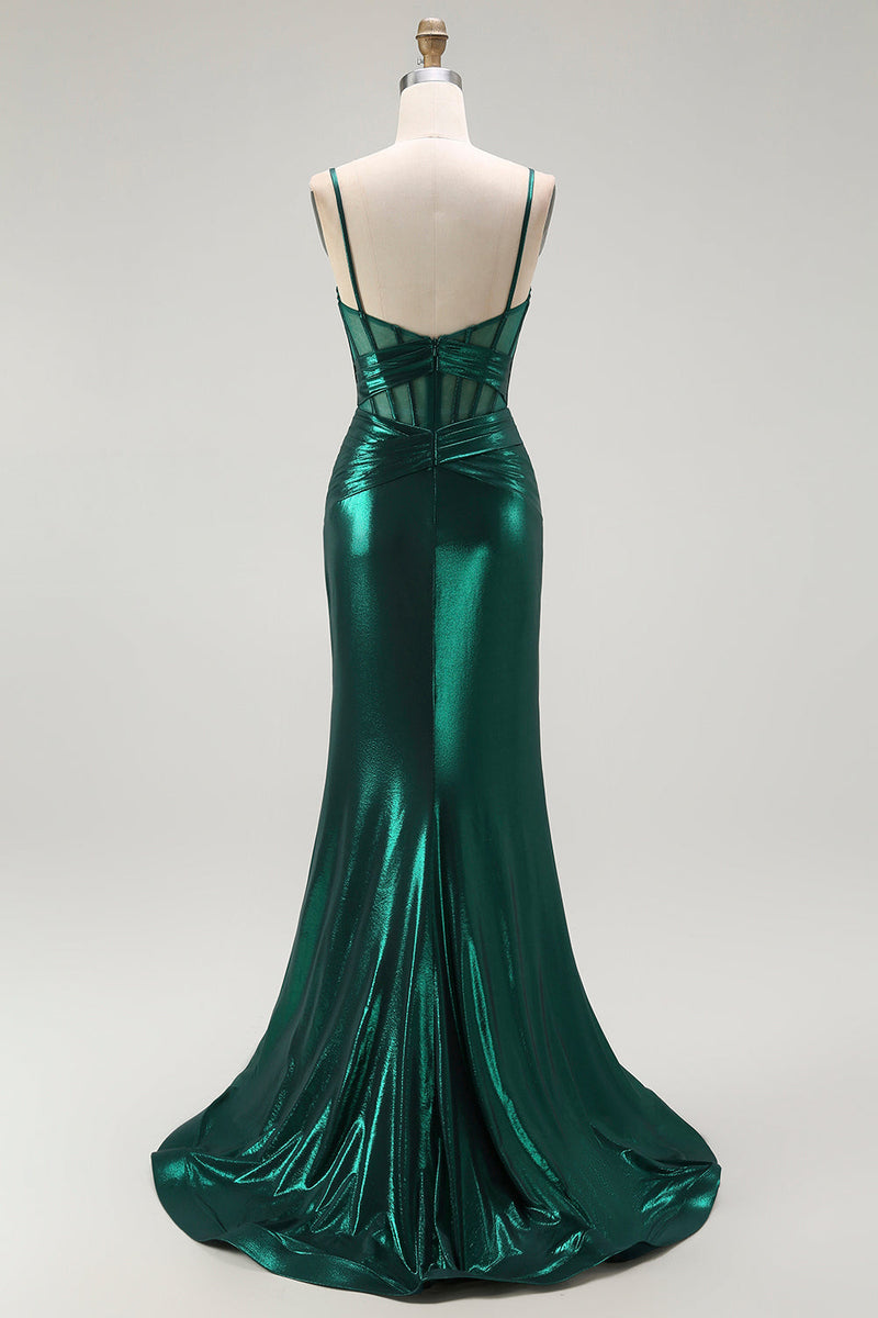 Load image into Gallery viewer, Dark Green Metallic Mermaid Long Corset Prom Dress with Slit