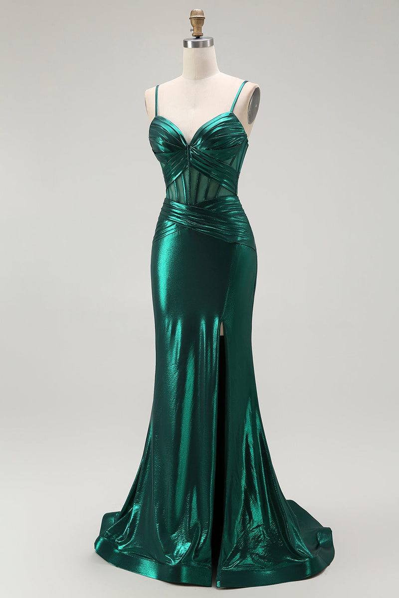 Load image into Gallery viewer, Dark Green Metallic Mermaid Long Corset Prom Dress with Slit