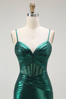 Load image into Gallery viewer, Dark Green Metallic Mermaid Long Corset Prom Dress with Slit