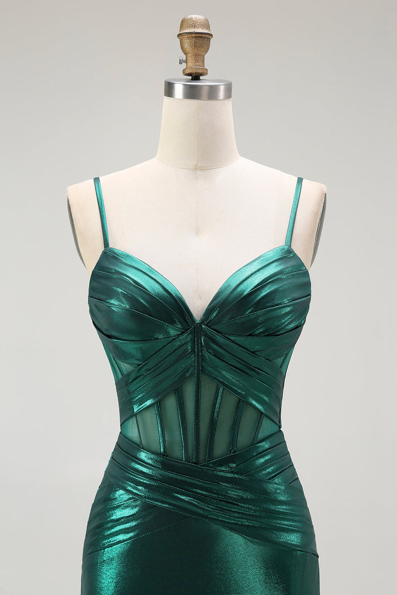 Load image into Gallery viewer, Dark Green Metallic Mermaid Long Corset Prom Dress with Slit