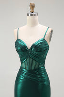 Load image into Gallery viewer, Dark Green Metallic Mermaid Long Corset Prom Dress with Slit