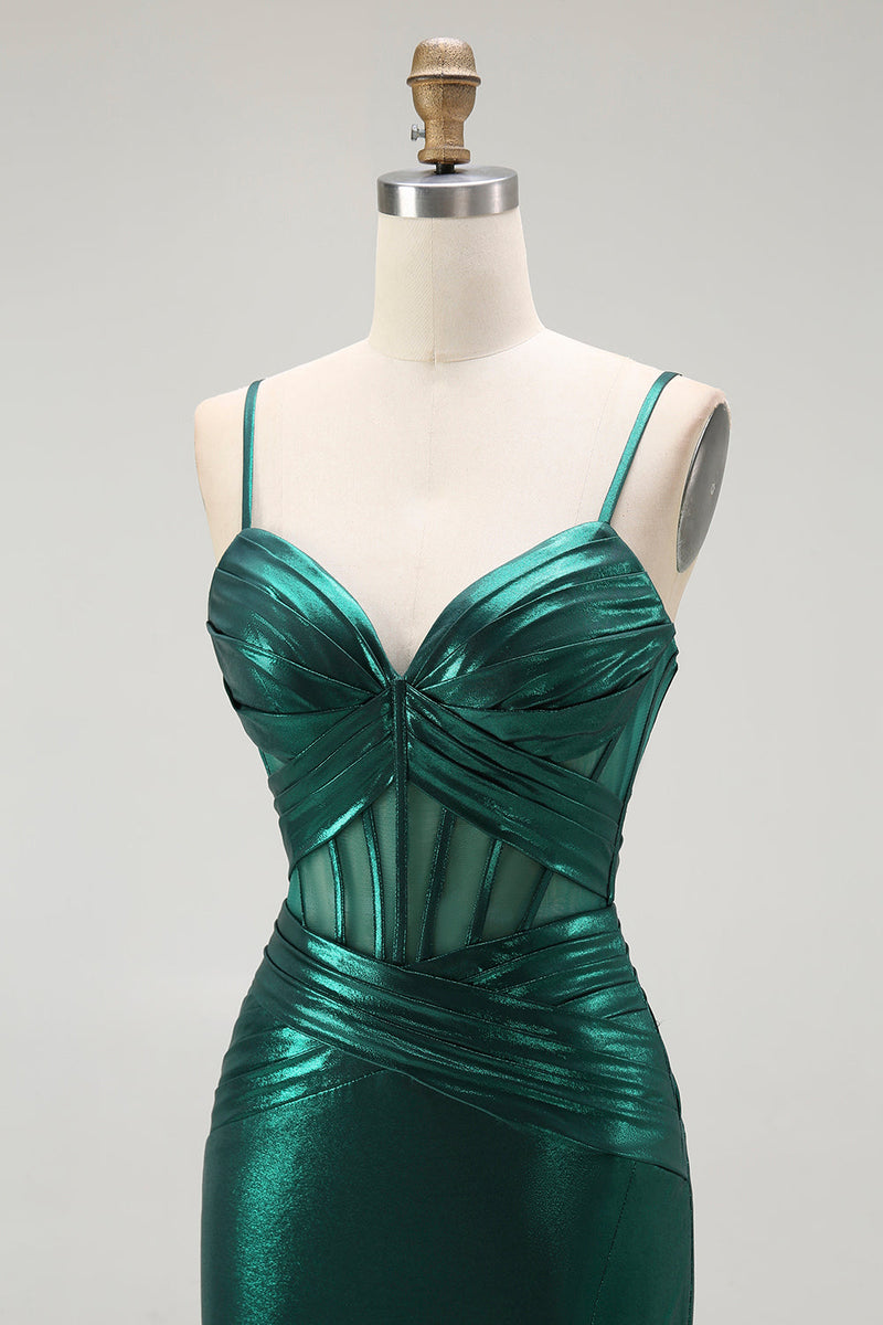 Load image into Gallery viewer, Dark Green Metallic Mermaid Long Corset Prom Dress with Slit