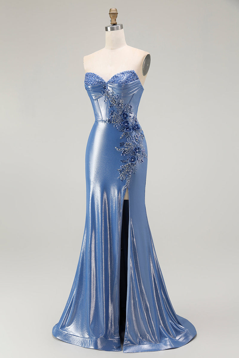 Load image into Gallery viewer, Sparkly Blue Floral Beaded Sweetheart Long Corset Prom Dress with Slit