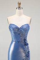 Load image into Gallery viewer, Sparkly Blue Floral Beaded Sweetheart Long Corset Prom Dress with Slit