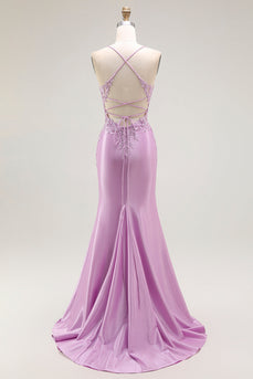 Purple Mermaid Appliqued Long Corset Prom Dress with Slit