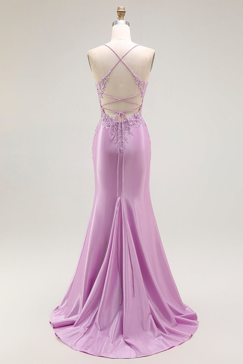Load image into Gallery viewer, Purple Mermaid Appliqued Long Corset Prom Dress with Slit