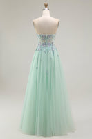 Load image into Gallery viewer, Green Floral Strapless A Line Maxi Prom Dress with Appliques