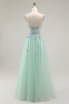 Green Floral Strapless A Line Maxi Prom Dress with Appliques