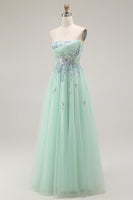 Load image into Gallery viewer, Green Floral Strapless A Line Maxi Prom Dress with Appliques