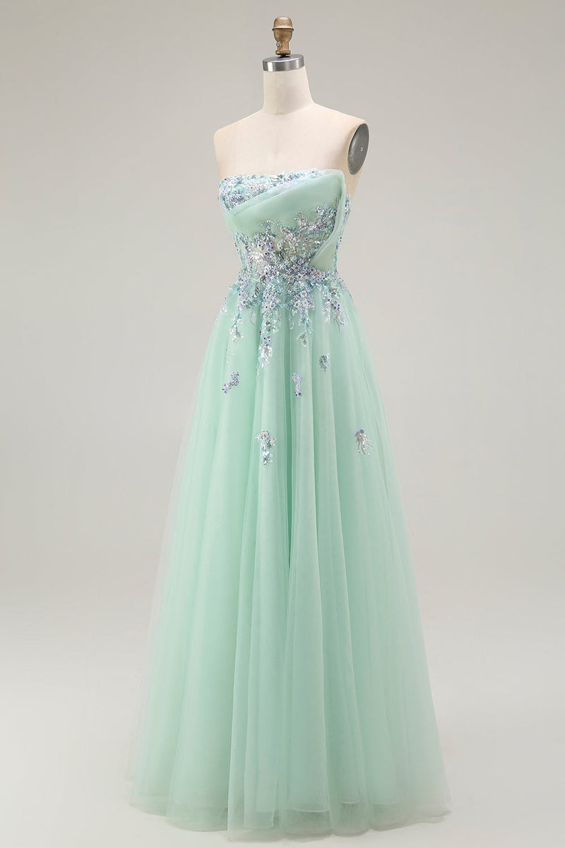 Load image into Gallery viewer, Green Floral Strapless A Line Maxi Prom Dress with Appliques