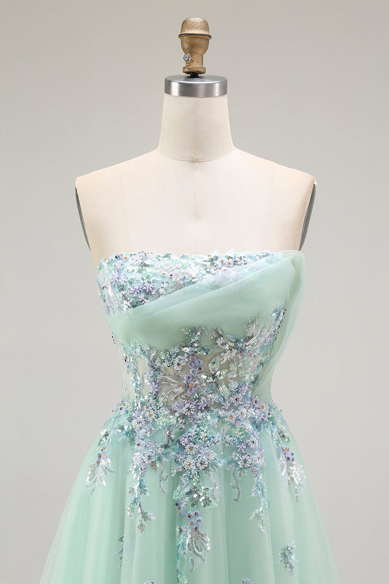 Load image into Gallery viewer, Green Floral Strapless A Line Maxi Prom Dress with Appliques
