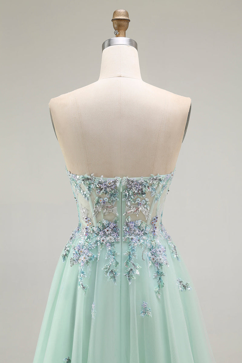 Load image into Gallery viewer, Green Floral Strapless A Line Maxi Prom Dress with Appliques