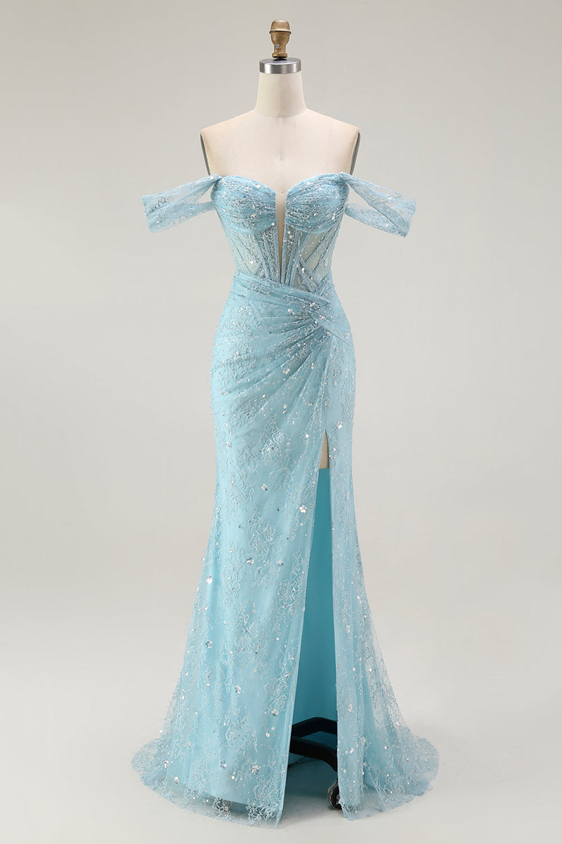 Load image into Gallery viewer, Sparkly Blue Off the Shoulder Mermaid Long Corset Prom Dress with Slit