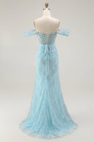 Load image into Gallery viewer, Sparkly Blue Off the Shoulder Mermaid Long Corset Prom Dress with Slit