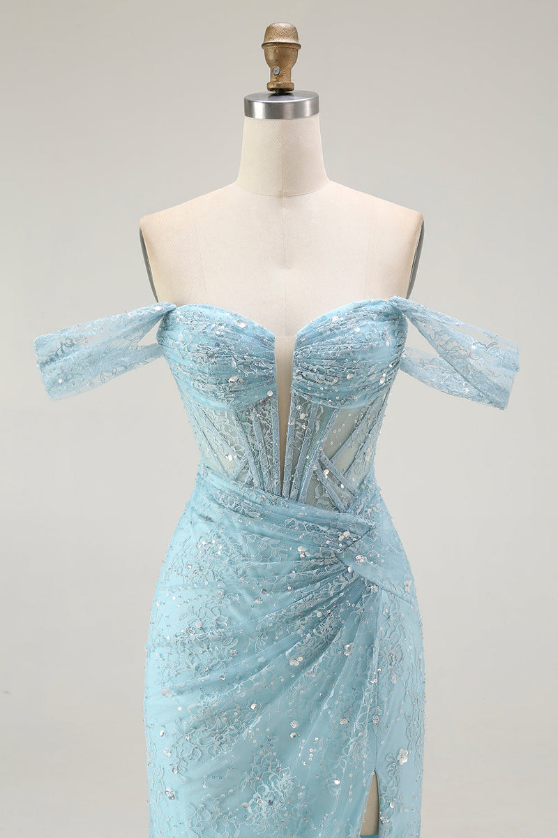 Load image into Gallery viewer, Sparkly Blue Off the Shoulder Mermaid Long Corset Prom Dress with Slit