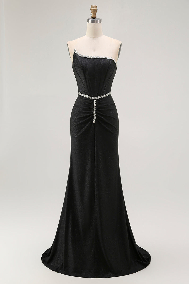 Load image into Gallery viewer, Sparkly Black Strapless Mermaid Long Corset Prom Dress