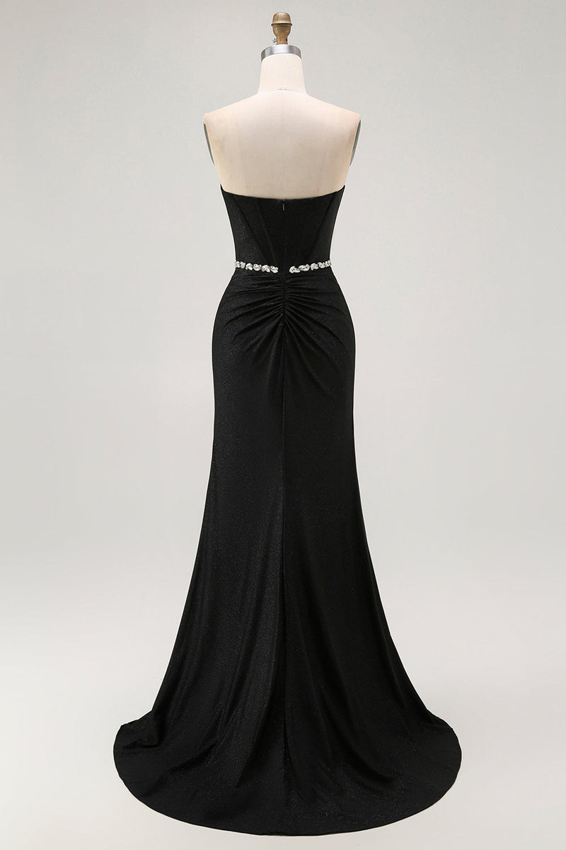 Load image into Gallery viewer, Sparkly Black Strapless Mermaid Long Corset Prom Dress