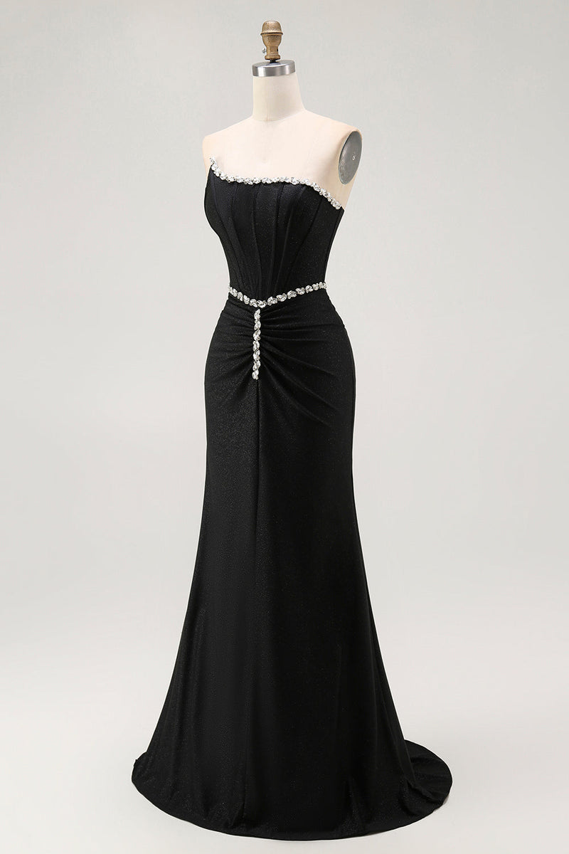 Load image into Gallery viewer, Sparkly Black Strapless Mermaid Long Corset Prom Dress