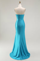 Load image into Gallery viewer, Sparkly Blue Mermaid Strapless Long Corset Prom Dress with Ruffles