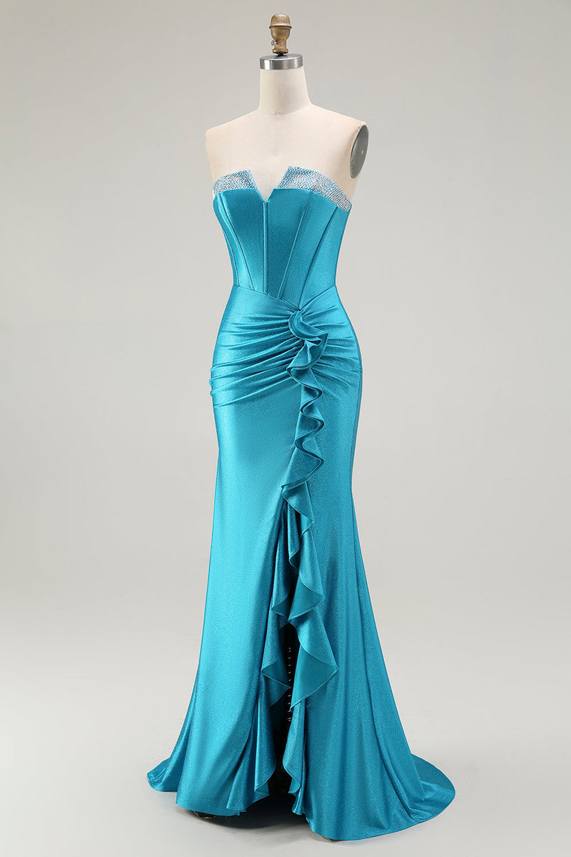 Load image into Gallery viewer, Sparkly Blue Mermaid Strapless Long Corset Prom Dress with Ruffles